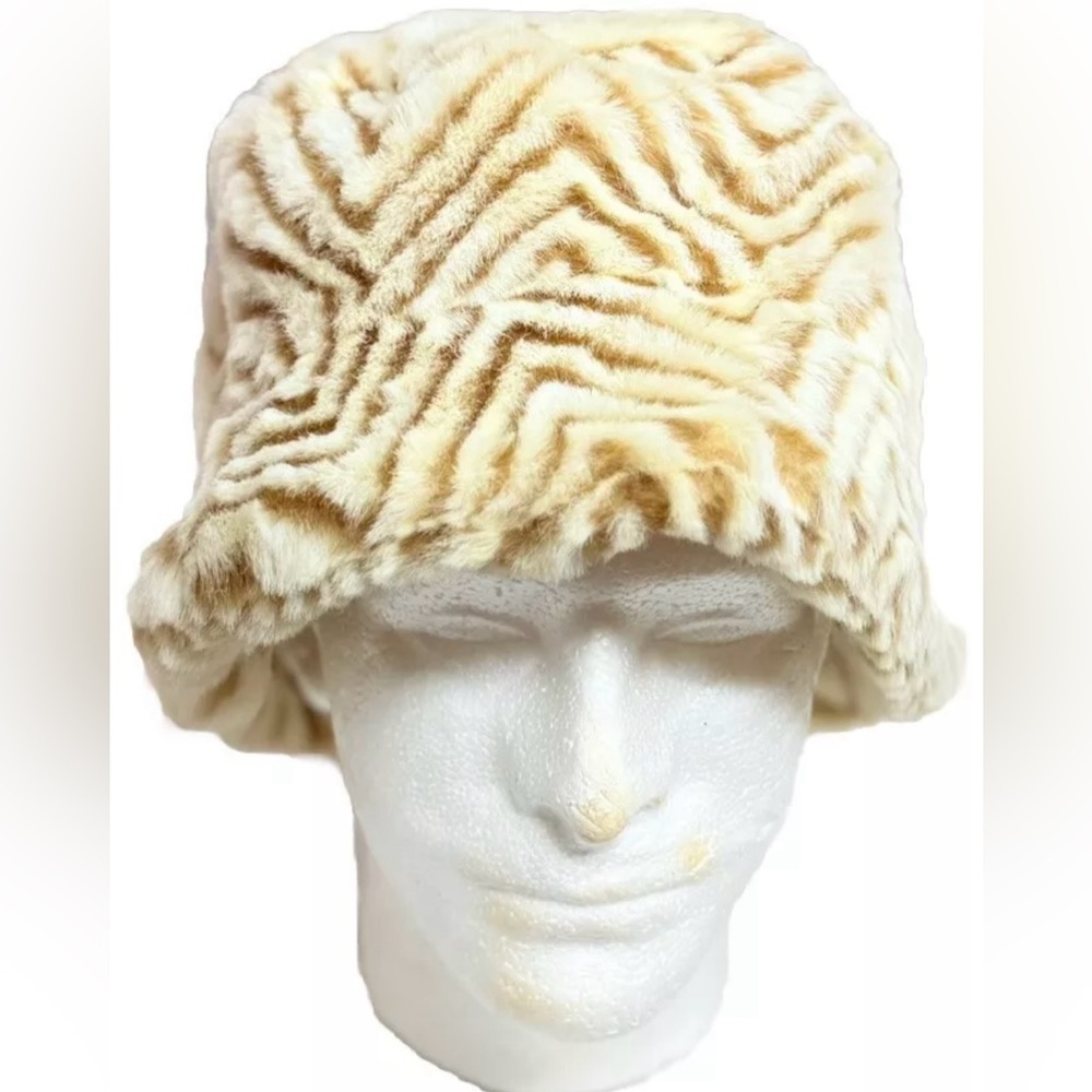 Vintage Ben Berger Womens Hat Luxury Collection Faux Fur Tan Brown Chevron Print
